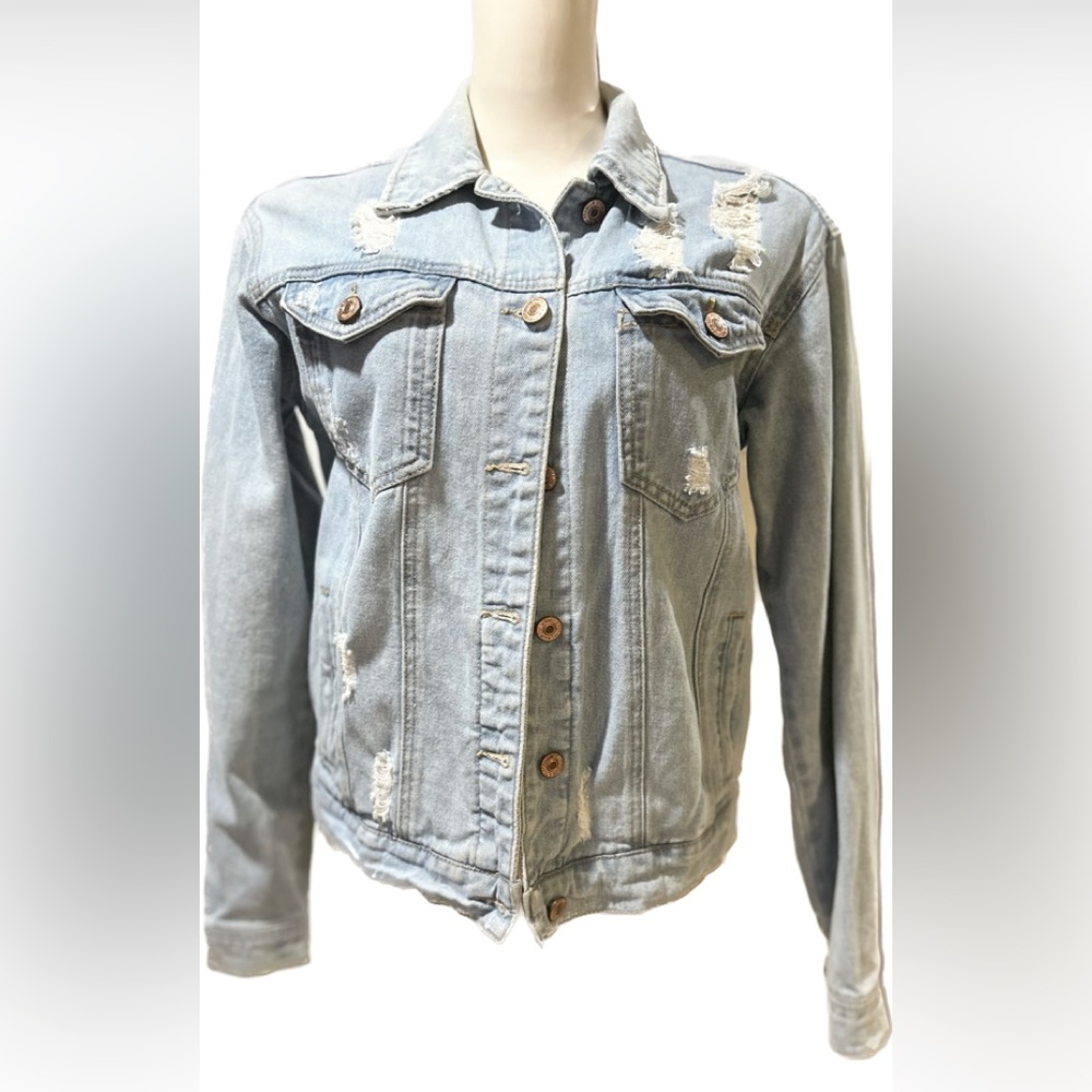 Forever 21 Light Blue Ripped Denim Jacket